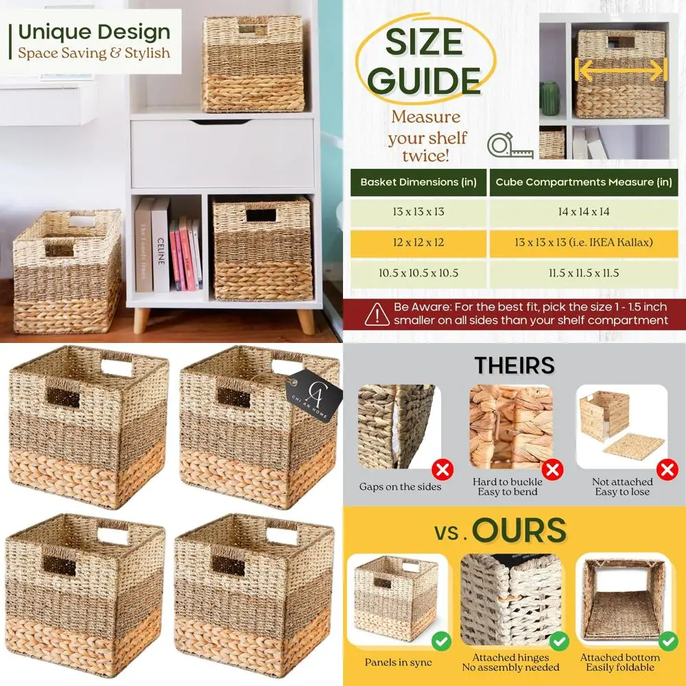 

Корзины-кубы из натуральной плетеной ткани, складные квадратные контейнеры с ручками, набор из 4 предметов для кладовой и организации спальни