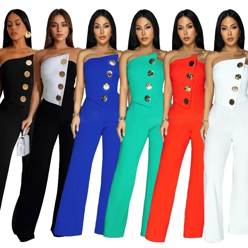 

2025 Elegant Dashiki African Clothes for Women Summer Sleeveless Polyester Solid Color Long Jumpsuit Africa Clothing Outfits