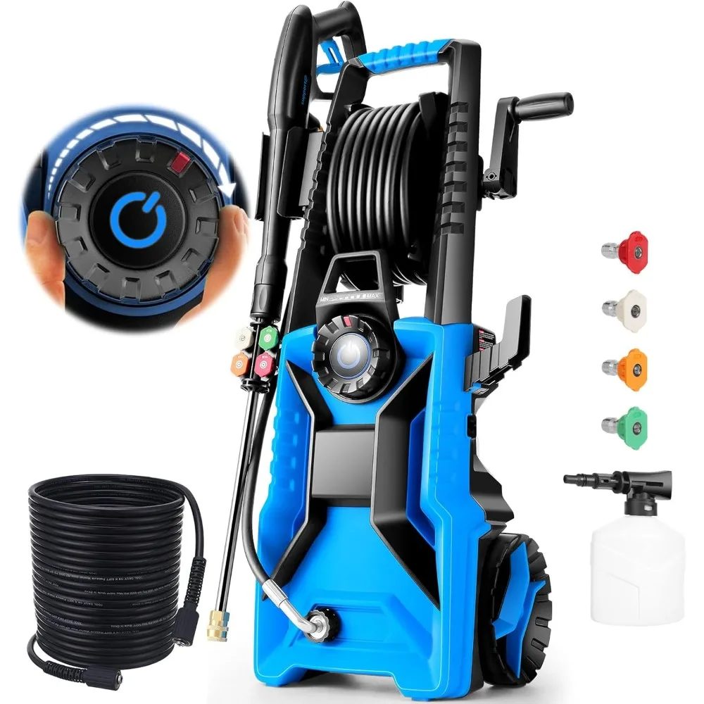 5000 PSI 조절 가능한 압력, 33피트 압력 호스, 4개의 노즐 및 500ml 폼 캐논이 포함된 파워 워셔, 청소