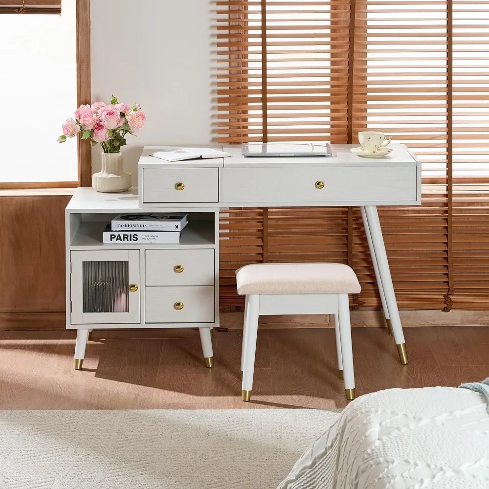 مكتب زينة بمرآة قابلة للطي مع خزانة قابلة للتعديل، وطاولة تزيين المكياج ومقعد، ومقبض ذهبي، وتصميم علوي للساق