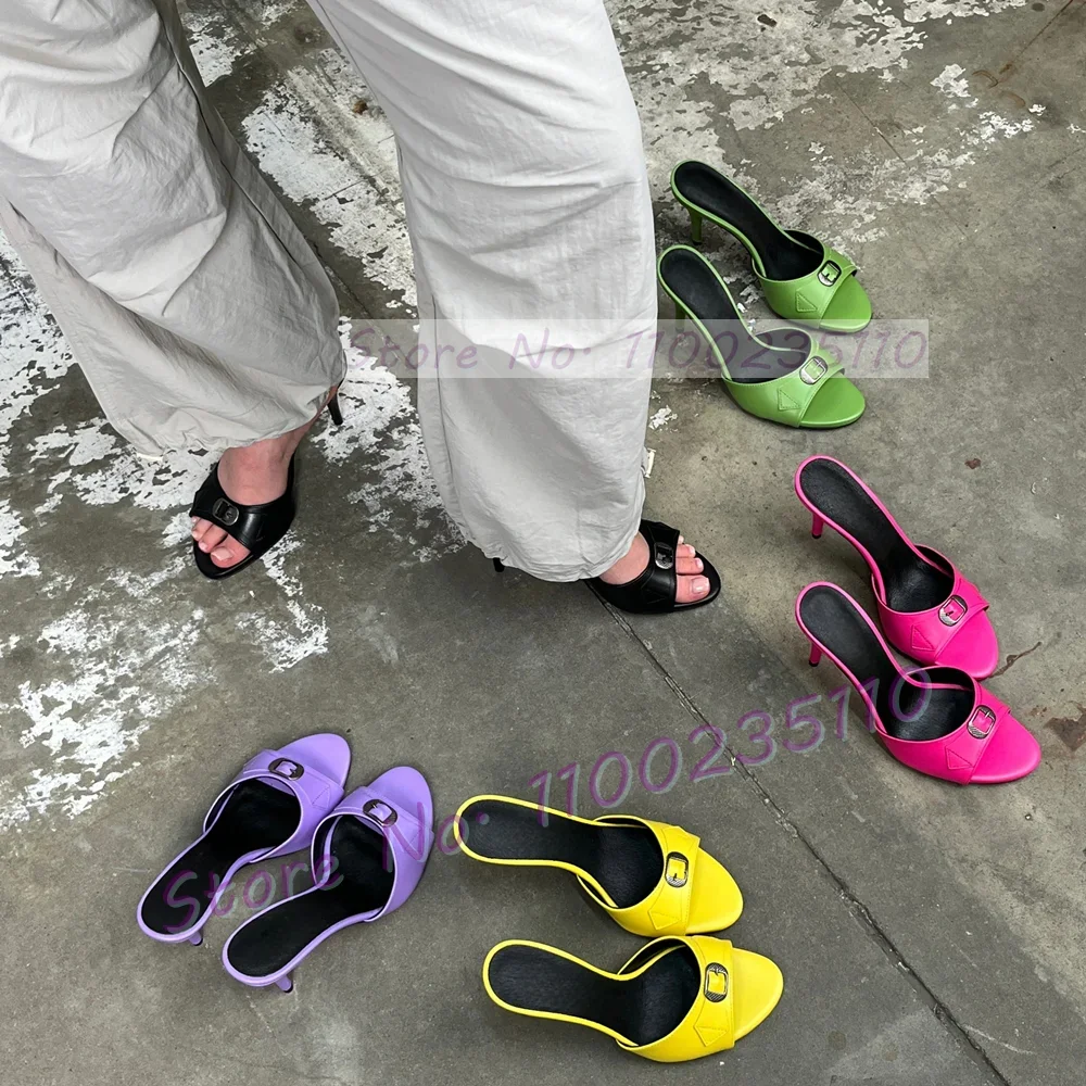 Round Toe Buckle Decor High Heels Slippers Women Elegant Patchwork Concise Shoes Female Festival Party Charming Purple Mules