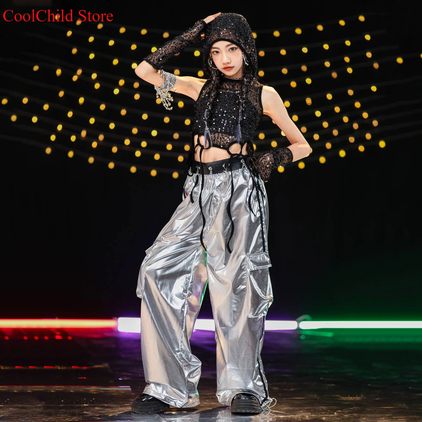 الفتيات الهيب هوب الترتر لامعة المحاصيل هوديس السراويل البضائع الفضية الاطفال K-pop الجاز الملابس مجموعات الأطفال فتاة مجموعة الشارع الشهير ازياء #3