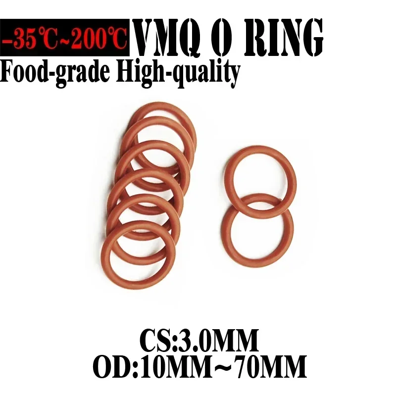 20pcs Washers Red Silicone VMQ O Ring CS 3mm OD 10~70mm Gasket Waterproof Insulated Rubber Silicon Rings Food Grade Sealing