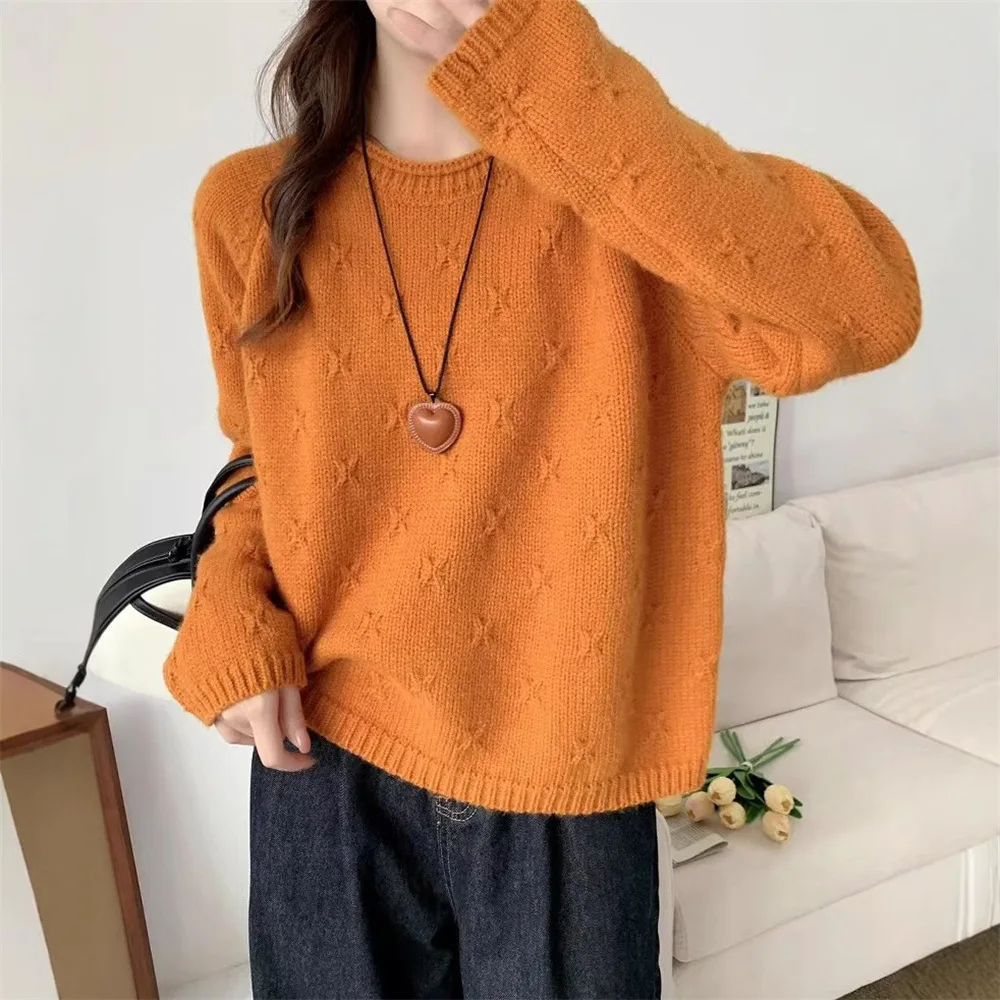 

Vintage Crochet Women's Sweater Autumn Winter Round Neck Casual Warm Pullovers Korean Loose Long Sleeve Knitted Tops