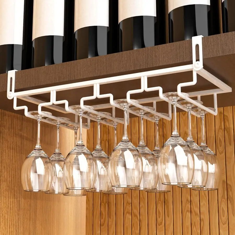 

2Pcs Adjustable Wine Glass Rack Under Cabinet, PunchFree 4 Rows Stemware Wine Glass Metal Holder, Hanging Wine Glasses Storage H