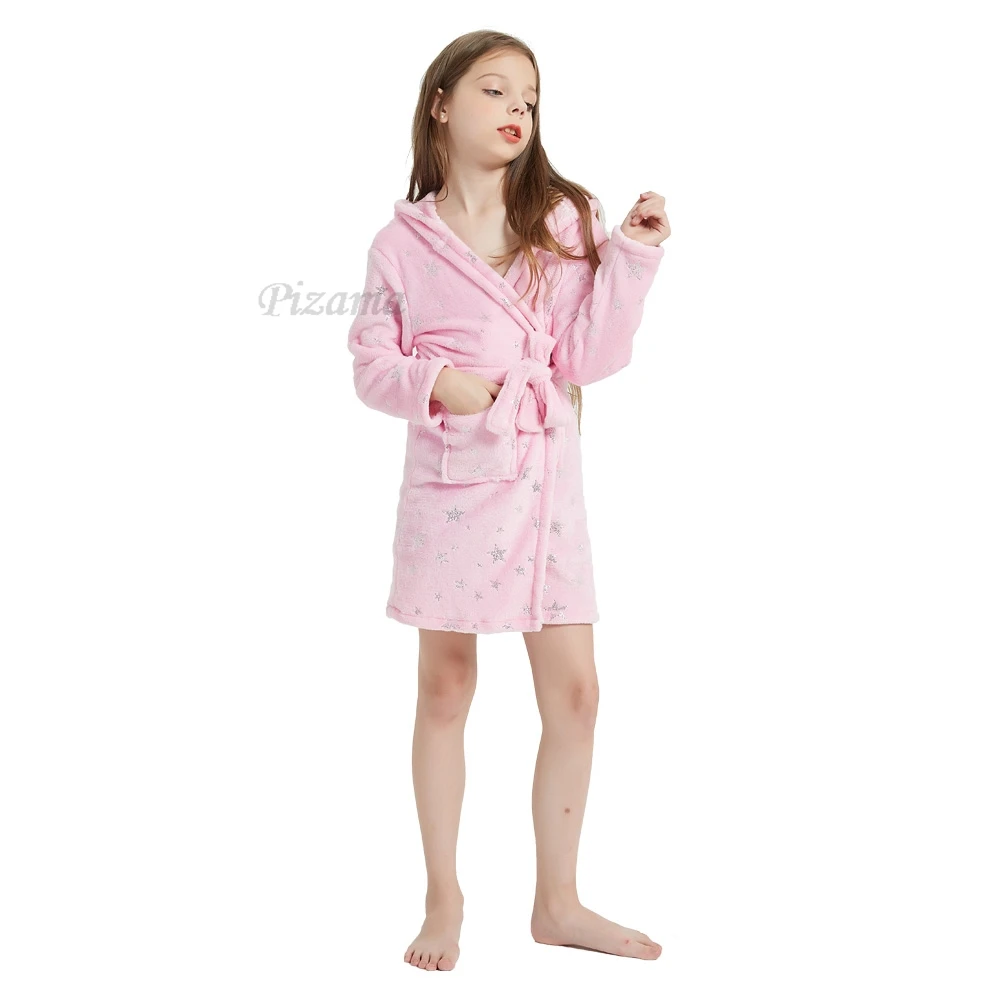 الوردي ستار طباعة الفتيات البشاكير مقنعين يونيكورن منامة الأطفال أردية الحمام لمدة 2-11 سنة الاطفال ملابس خاصة ثوب النوم مع حزام #5