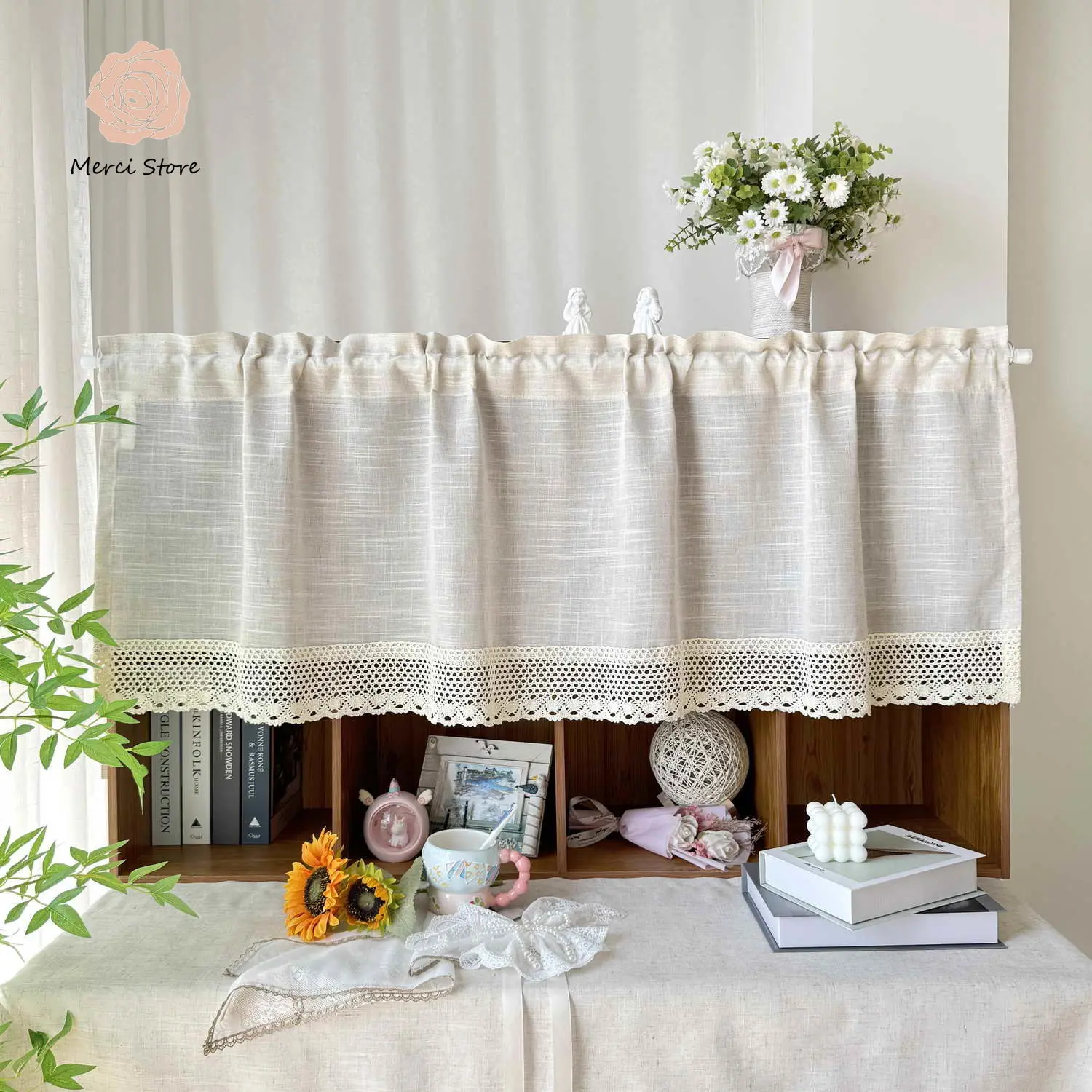 

American Country Style Solid Cotton Linen Splice Beige Crochet Lace Edge Coffee Curtain Decorative Short Curtain Home Decor
