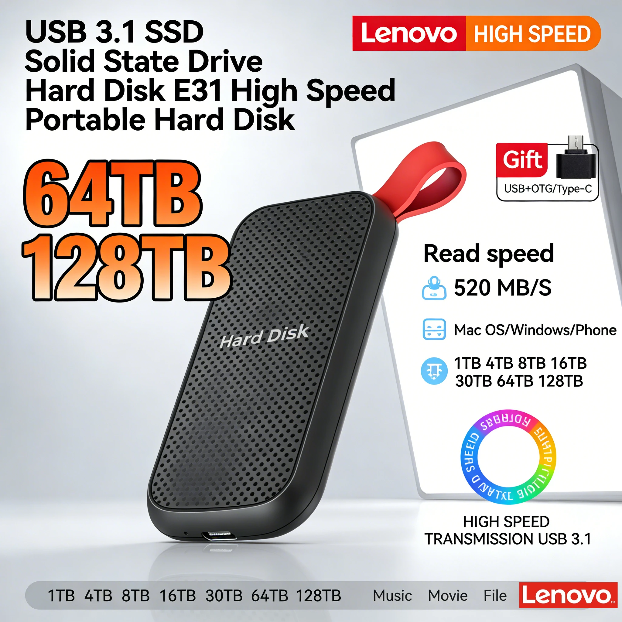 

Внешний SSD-накопитель Lenovo E31 1 ТБ, 4 ТБ, 8 ТБ USB 3.1: высокоскоростное портативное хранилище для ноутбуков, PS5, телефонов и игровых систем (резервное копирование)