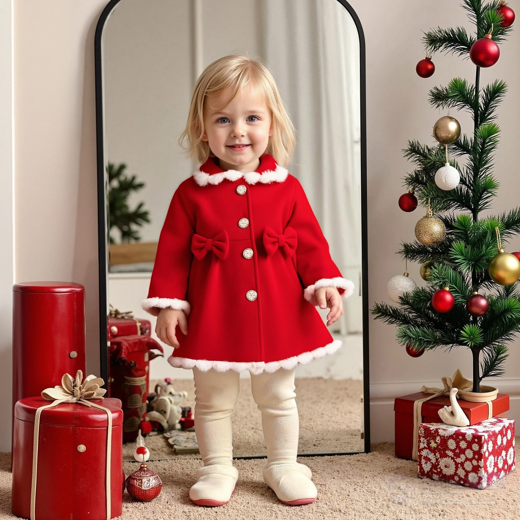 Baby Girl Christmas Dress New Trench Coat Solid Color Single Breasted Butterfly Bow White Fur Lapel Jacket