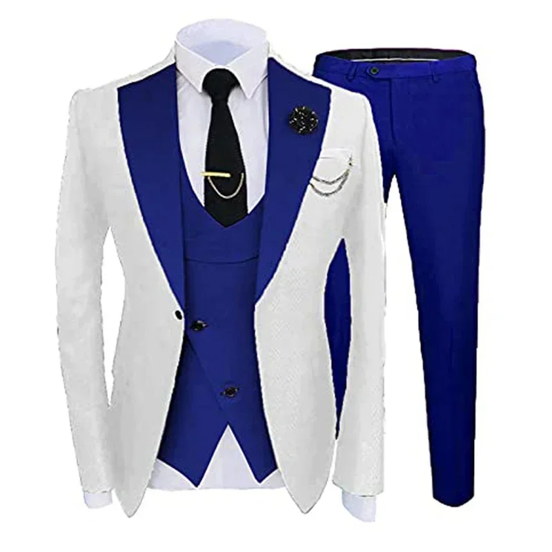 Slim Fit Formal Men Suits For Wedding Solid Color Wide Notched Lapel Groom Tuxedo 3 Pcs Male Fashion Jacket With Vest Pants 2024