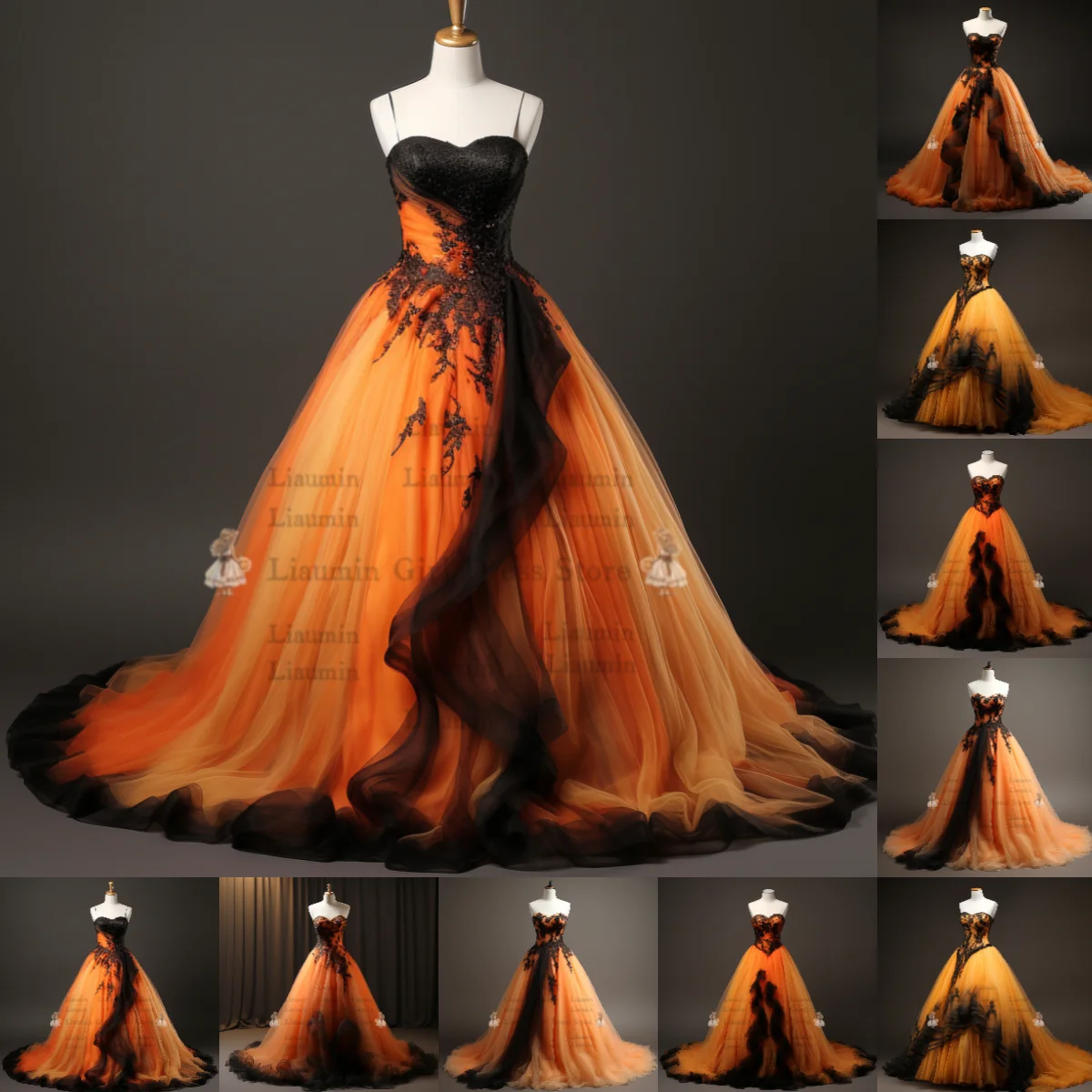 Orange and Black Lace Applique Tulle Ball Gown Full Length Evening Party Clothing Formal Prom Dress Hand Made Customized W2-16