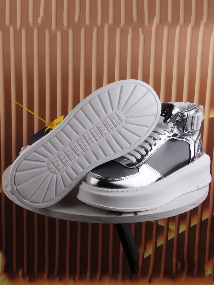 Mens Spliced Genuine Leather High Top Shoes Lace Up Round Toe Breathable Spring Autumn Design Thick Bottom Casual Male Sneakers