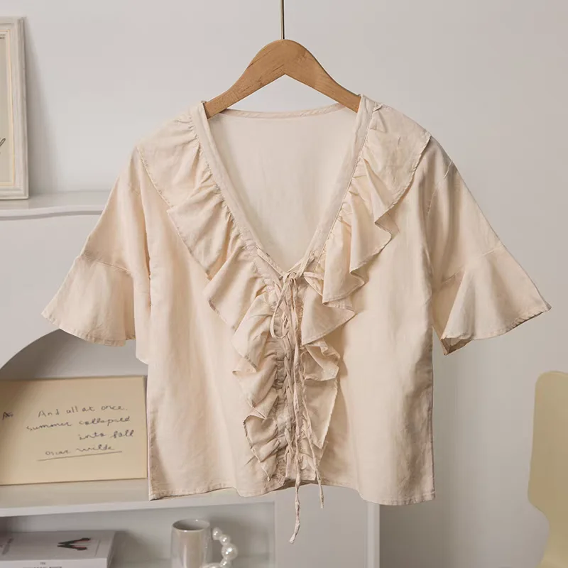 

Thanksng 2025 Women's irt Lightweight V-ne ort Sve 3% Flax 87% Cotton Loose Fit Commute Sle Resistant to Defo...