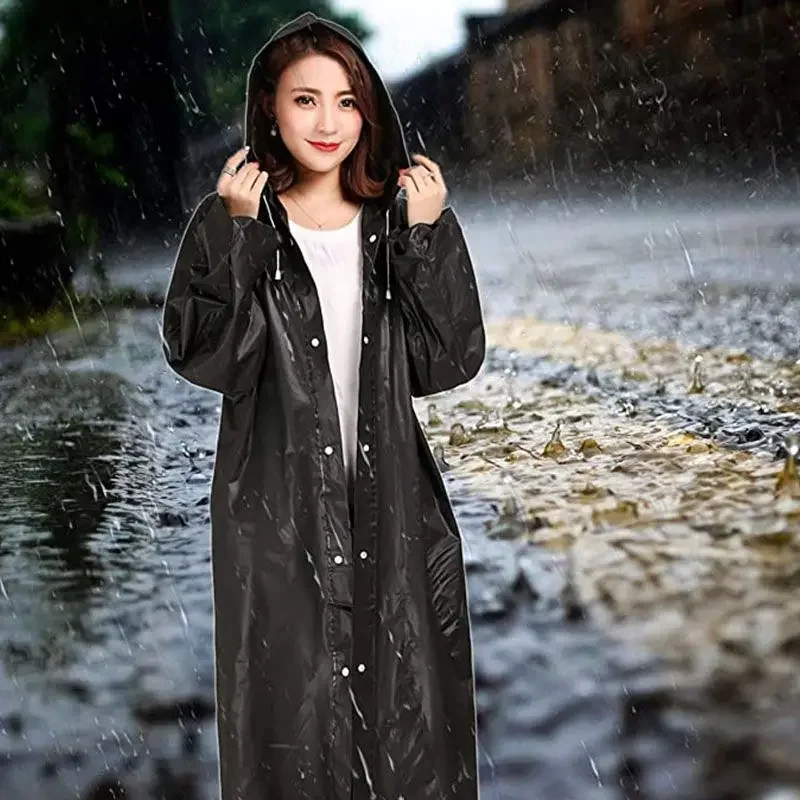 Long EVA Unisex Raincoat Thickened Waterproof Rain Coat Women Men Hooded Adult Black Camping Waterproof Rainwears Suit Hiking