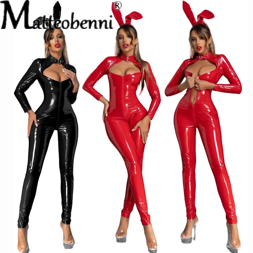 

Women Sexy Hollow Out PVC Leather Latex Catsuits Open Crotch Wetlook PU Lingerie Bodysuit Clubwear Overalls Erotic Jumpsuit