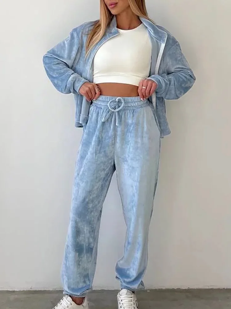 Women Casual Long Pants Matching Suit Streetwear Solid Outerwear And Pants Outfits Chic Female Pleuche Loose Pants Two Piece Set