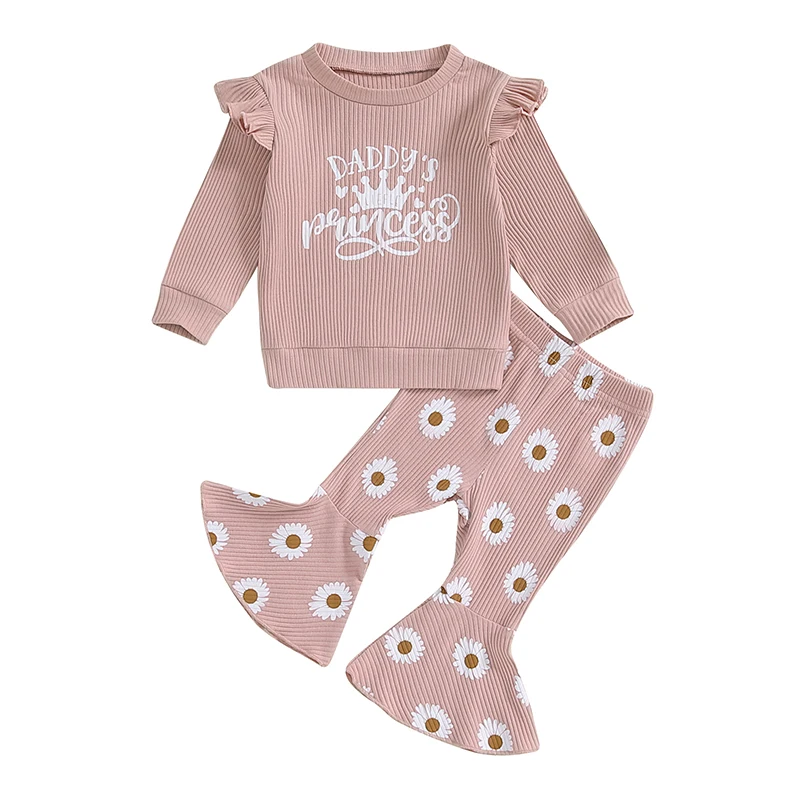 Toddler Girl Fall Outfits Letter Crown Print Crew Neck Long Sleeve Sweatshirts and Flare Pants 2Pcs Clothes Set