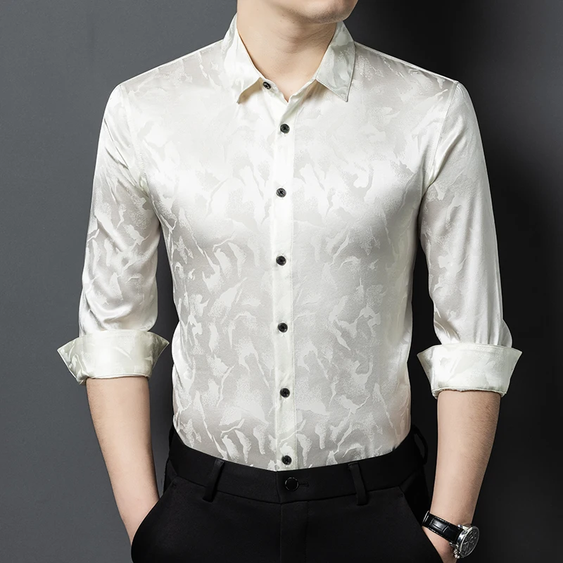 Real Silk Coolness Shirts For Men Long Sleeve Smart Casual Print Summer Top Quality Skin-Friendly Anti-Wrinkle Camisas De Hombre