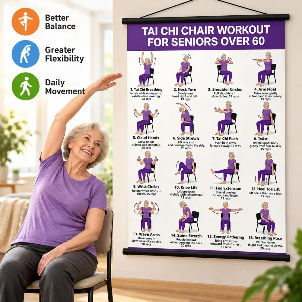 1pcs Tai Chi Workout Sheets for Home Gym & Training Exercises Charts for Tai Chi Classes, Workout Sheets for Seniors 40x60cm
