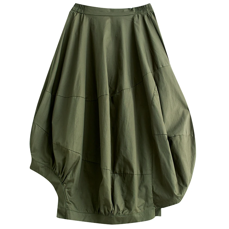 Spódnica z wysokim stanem, patchworkowa, typu lampion, asymetryczna, luźna, plus size, z motywem pąków kwiatów, modelująca sylwetkę, damska, letnia, jesienna, retro, elegancka.