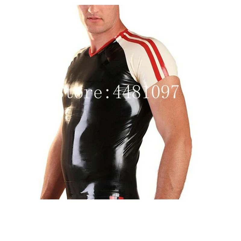 Handmade Black Mens Fetish Latex Rubber Gummi Tank Tops Black with Red and Withe