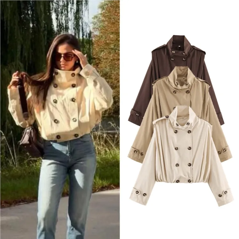 Wome's Trench 2026 Autumn Casual High Neck Double Breasted Pleated Winbdreaker Fashion Vintage Female Short Outerwear