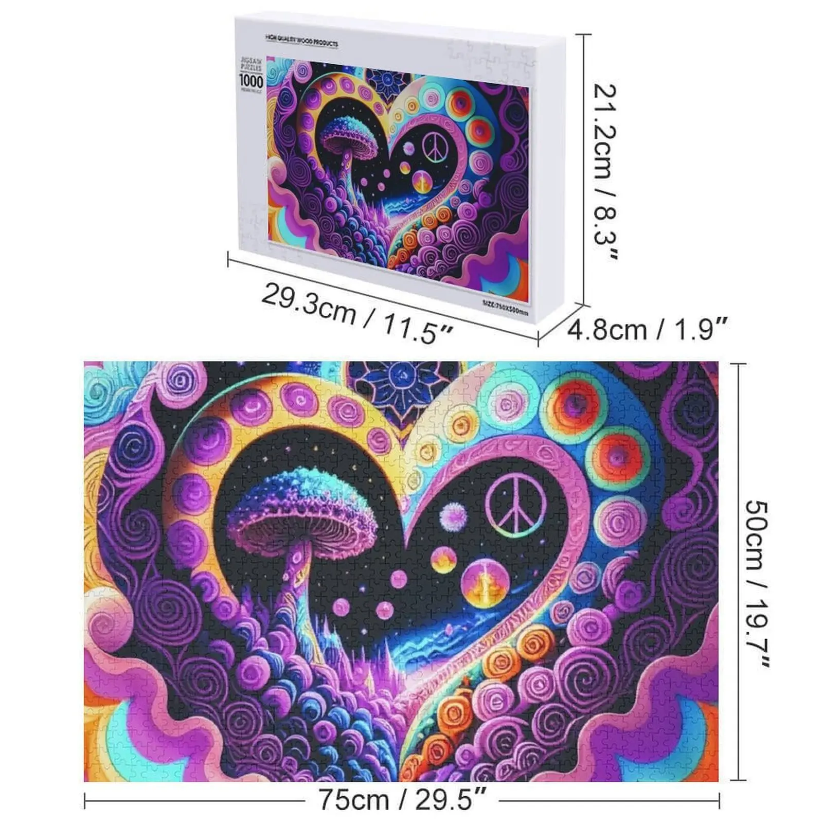 Rompecabezas de paz, amor y setas, imagen personalizada, rompecabezas con nombre de madera