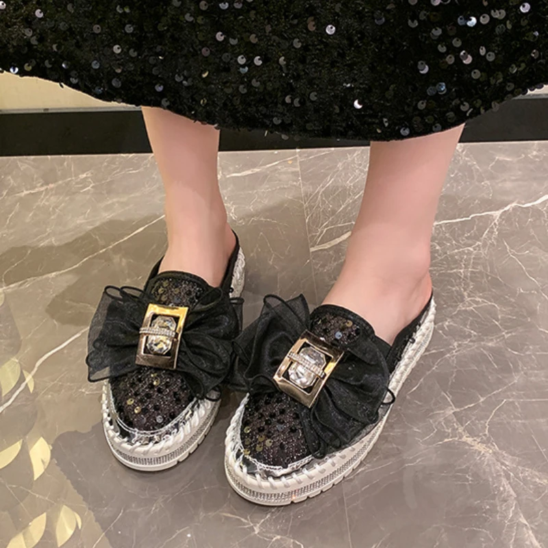 

Pop 2024 New Crystals Butterfly-knot Flat Platform Heels Summer Half Slippers Women Bling Shoes Breathable Mesh Slides Size 35-4