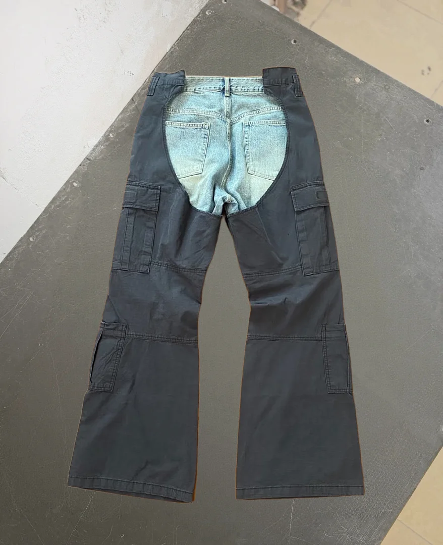 2026 PTL Index Deconstructed Cargo Pants, Faux Two Piece U-Shaped Washed Denim Jeans Workwear Trousers Streetwear Pants