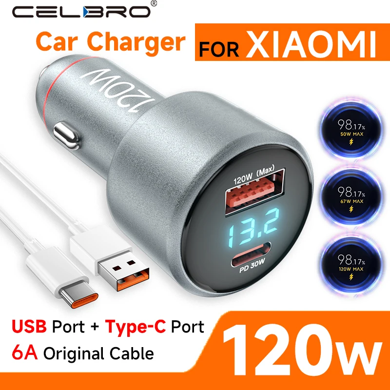 

Автомобильное зарядное устройство USB Type-C 120 Вт, адаптер для быстрой зарядки 90 Вт 6А Turbo для Xiaomi Mi 14 13 13T 12 Pro Redmi Note K60 iPhone 16 15