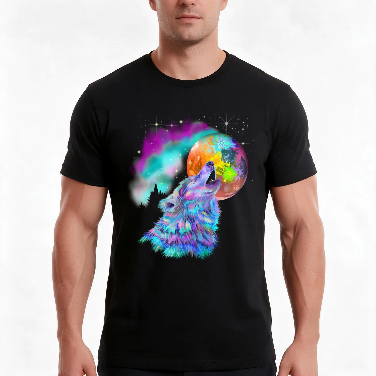 Colorful rainbow wolf howling T-Shirt, Summer Casual Cotton Tee, Oversized Streetwear Tops, Vintage Graphic Print, 100% Cotton