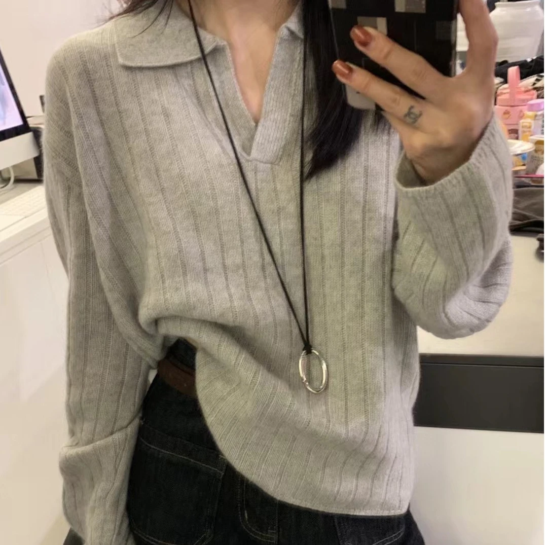 

Pullovers Women Sweaters Knitted Polo Neck Full Sleeve Jumpers Y2k Streetwear Elegant Splice Knit Casual Autumn Winter 2025