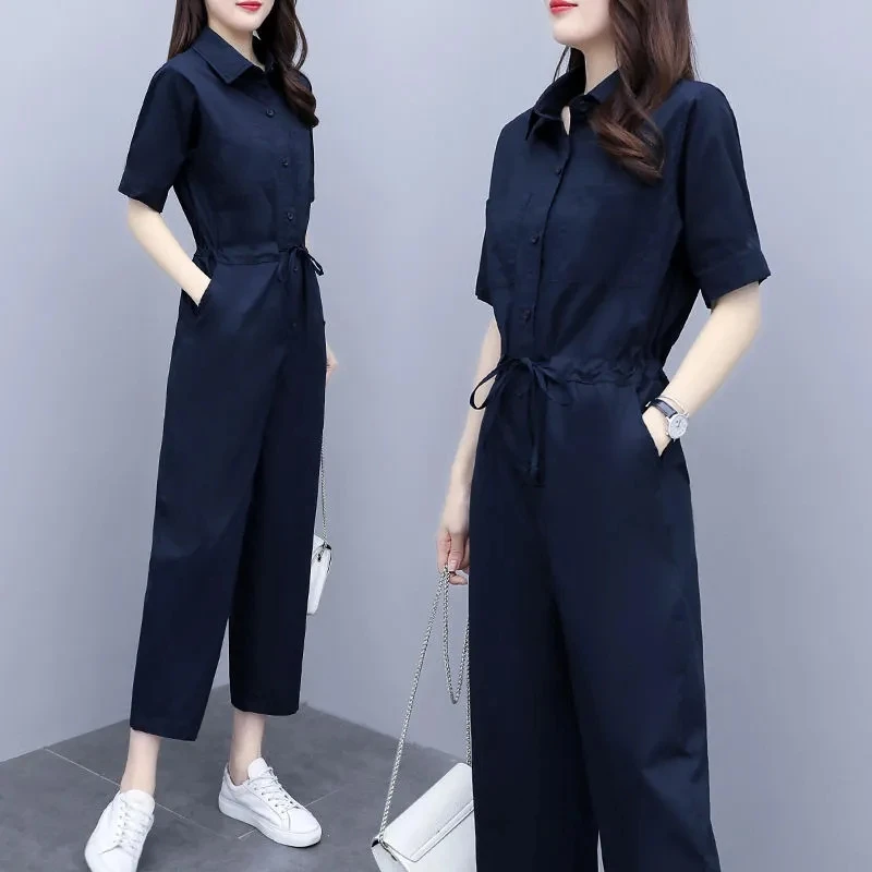 

2024 Women Fashion with Belt Front Buttons Jumpsuits Vintage Short Sleeve Side Pockets Female Playsuits Mujer Ladies T119