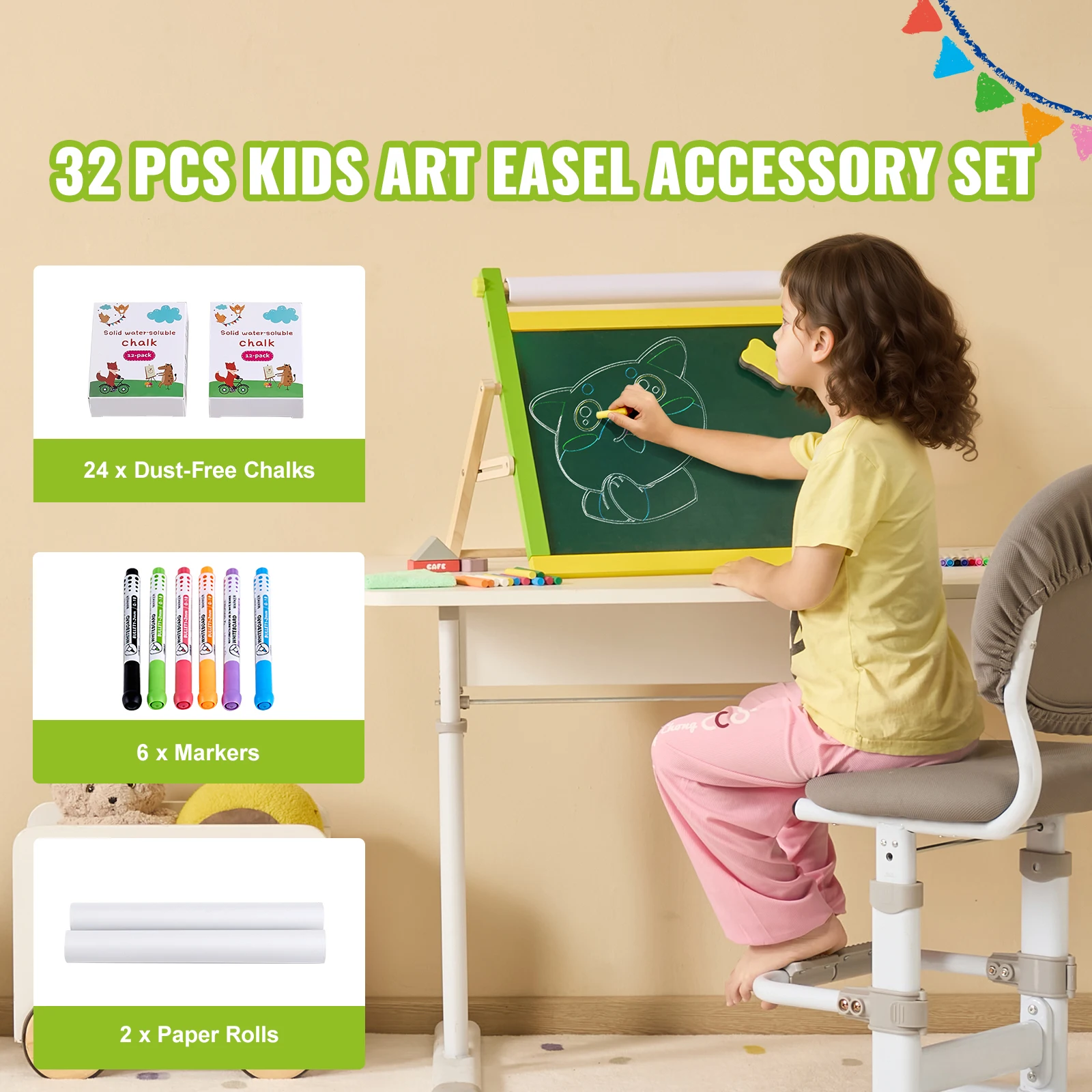 Easel Accessory Set, 32 PCS Kid's Art Easel Painting Kit Including Chalks, Dry-Erase Markers & Paper Rolls, Supplies Set for Tabletop Art Easel, Painting Accessories for Toddlers Boys and Girls
