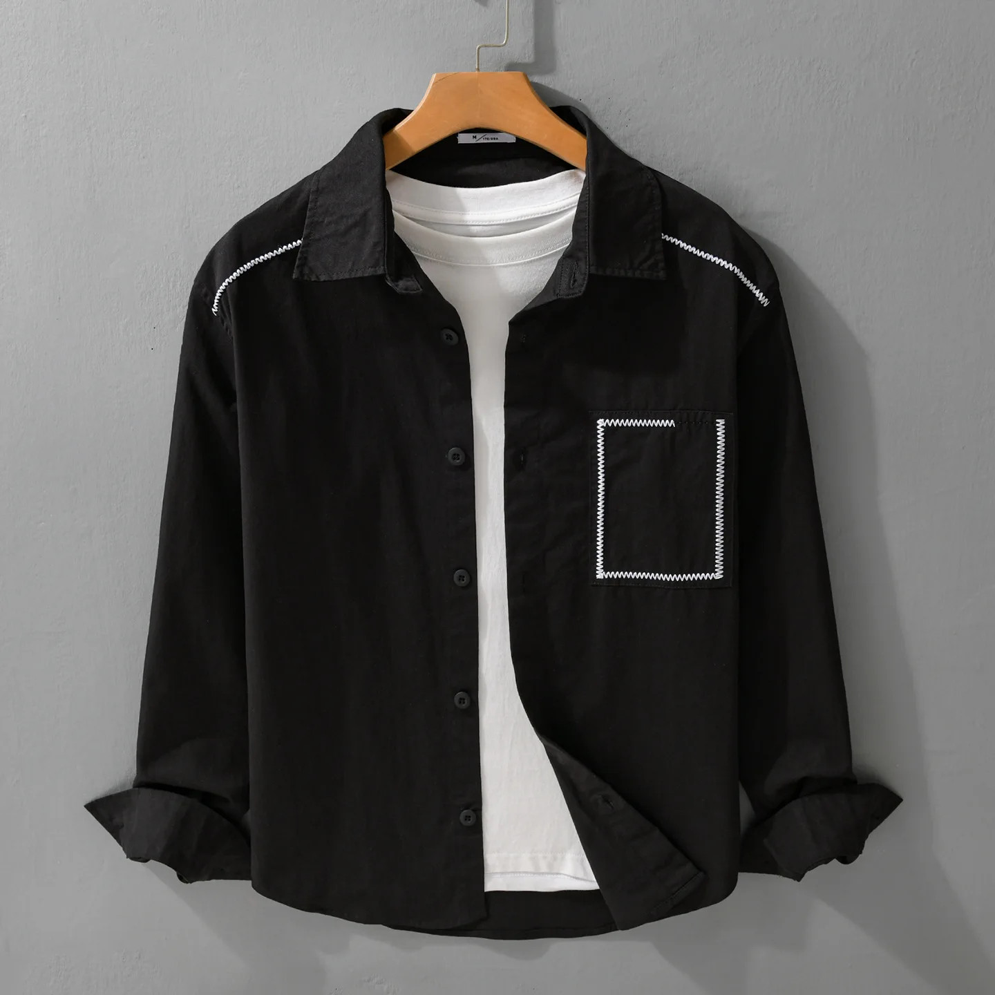 Spring Autumn Contrasting Colors Visible Line Design Lapel Shirt Men's Versatile Loose Casual Cotton Long Sleeve Blouse Top 1002