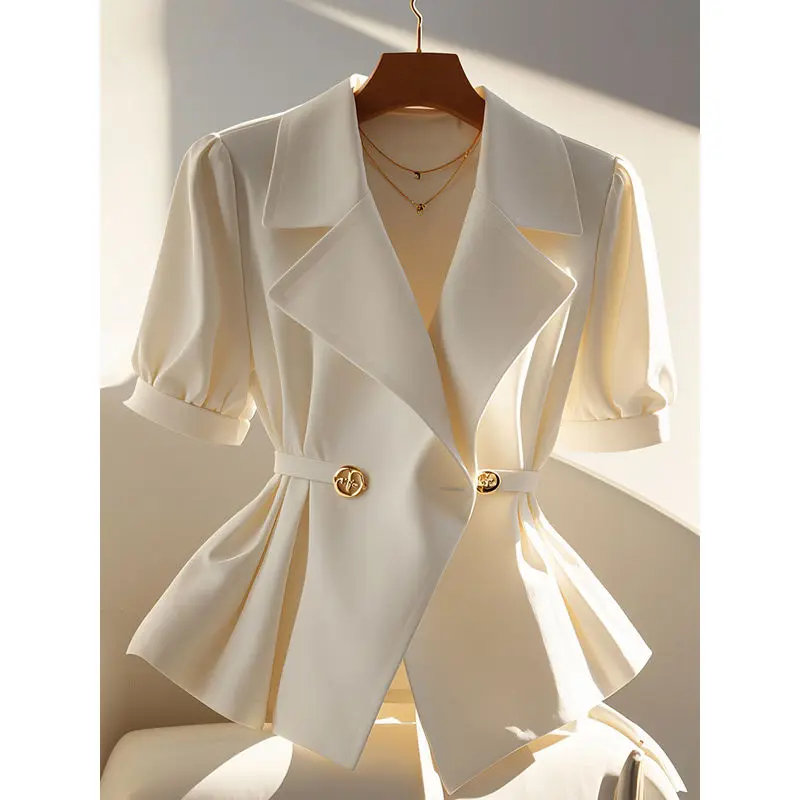 

Women Summer Simplicity Office Lady Solid Color Tailored Collar Short Sleeve Blazer Ladies Fashion Trend Temperament Casual Tops