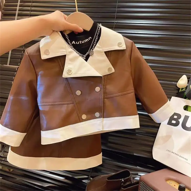 Girls Fashionable Leather Jacket And Skirt Set Spring Autumn Children's Two Piece Outfit