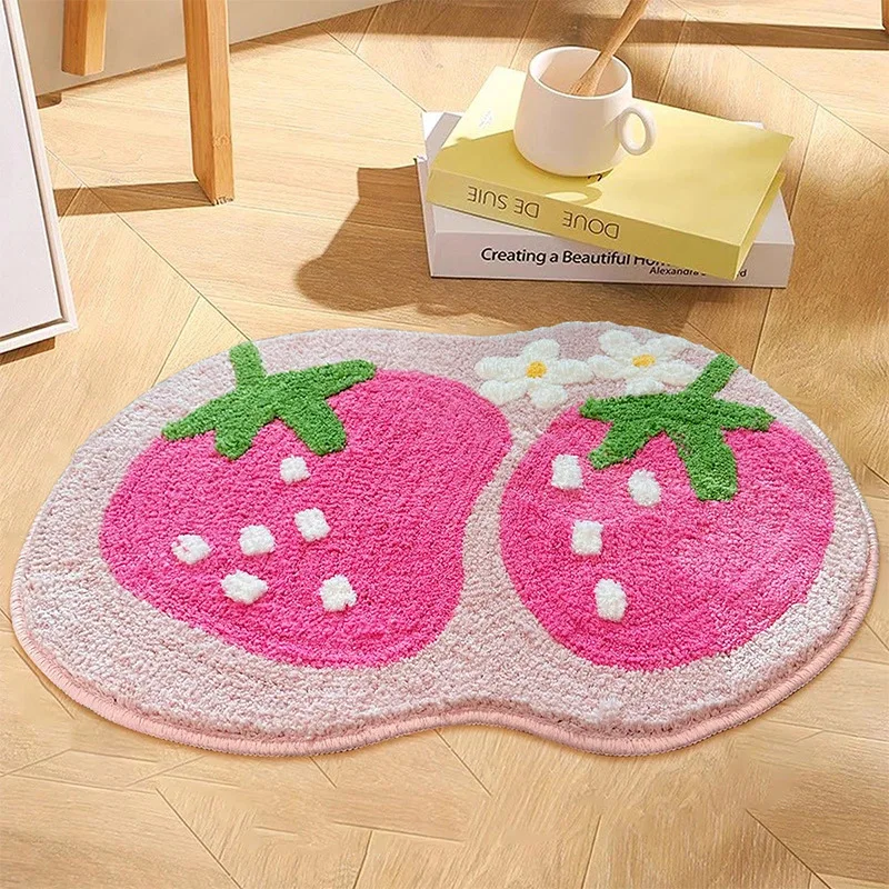 

Pink Strawberry Thickened Flocking Carpet Bathroom Toilet Entrance Strong Absorbency Quick Dry Anti-Slip Foot Mat Bathroom Rug