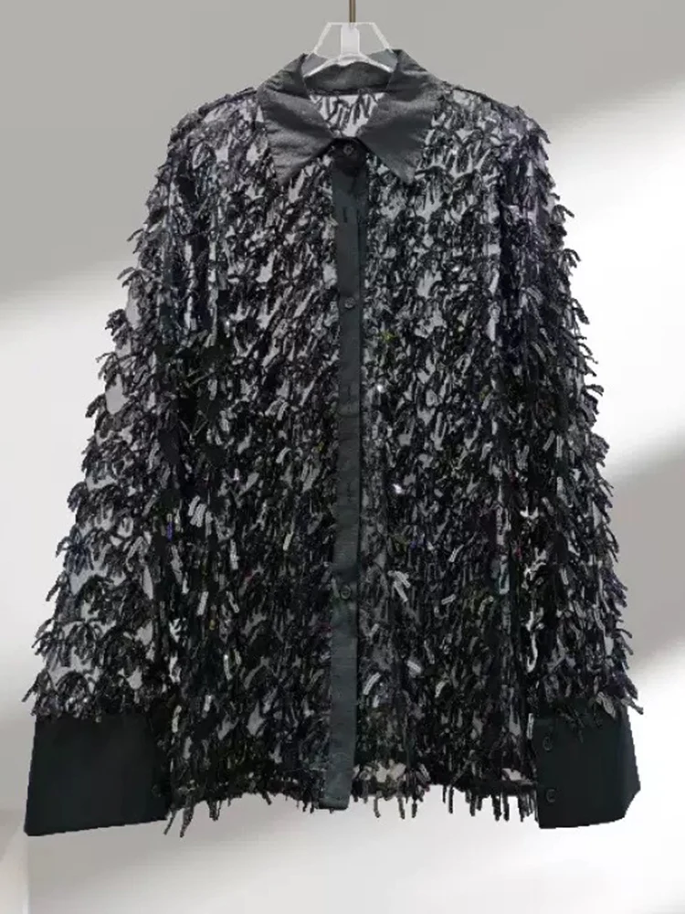 

Fashion design summer new sequined tassel loose blouse Joker lapel single-breasted long-sleeved temperament jacket
