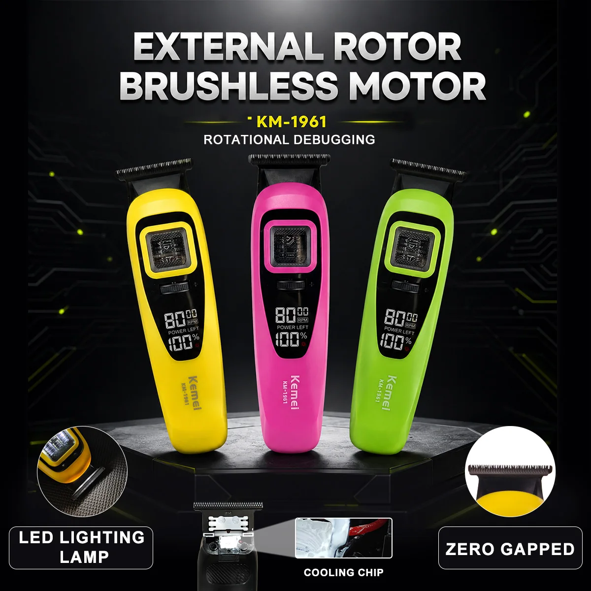Kemei 1961 Hair Trimmer for Men DLC Blade 0mm Brushless Motor External Rotor LED Display 8000RPM Professional Barber Machines
