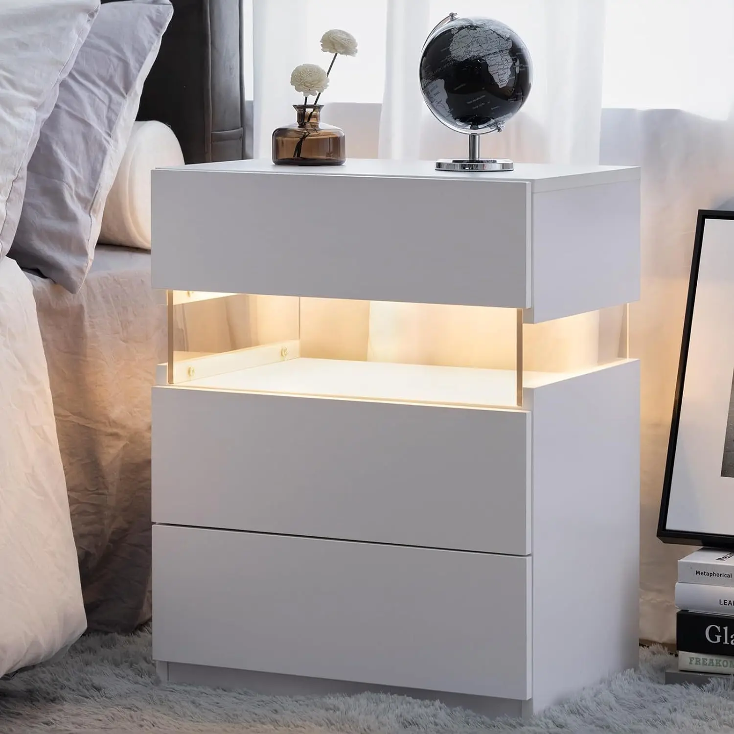 

LED Nightstands 3 Drawer Dresser for Bedroom End Table with Acrylic Board LED Bedside Tables for Bedroom Living Room Bedside Fur