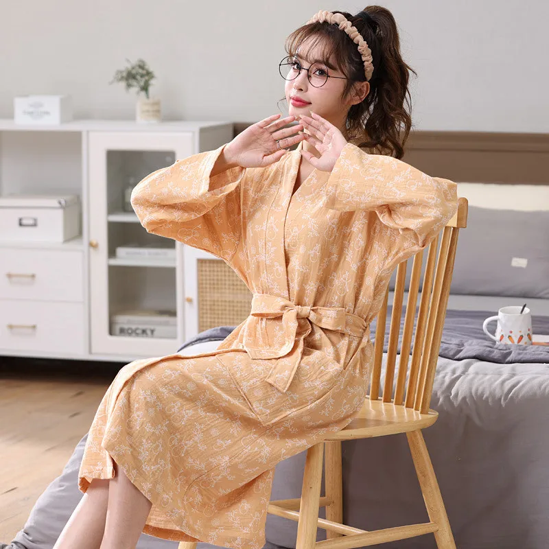 Fashion Cotton Double-layer Gauze Kimono Women's Bathrobe Spring Autumn Home Clothes Lounge Night Gowns Woman Sleepwear Robe