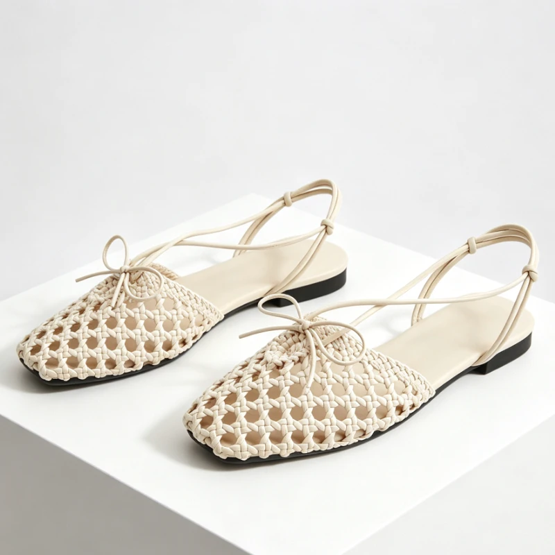 Fashion Hollow Woven Narrow Band Design Flat Sandals Women Sweet Bow Detail Flats Summer Comfortable Light Shoes for Ladies