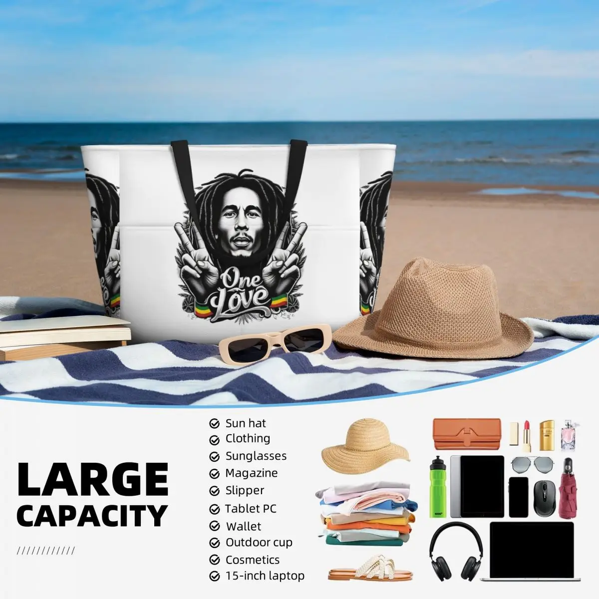 กระเป๋าโท้ทชายหาดสไตล์เร็กเก้ของบ็อบ มาร์ลีย์ กระเป๋าสะพายกีฬา โยคะ กระเป๋าเดินทางขนาดใหญ่สำหรับผู้หญิง กระเป๋าฟิตเนส