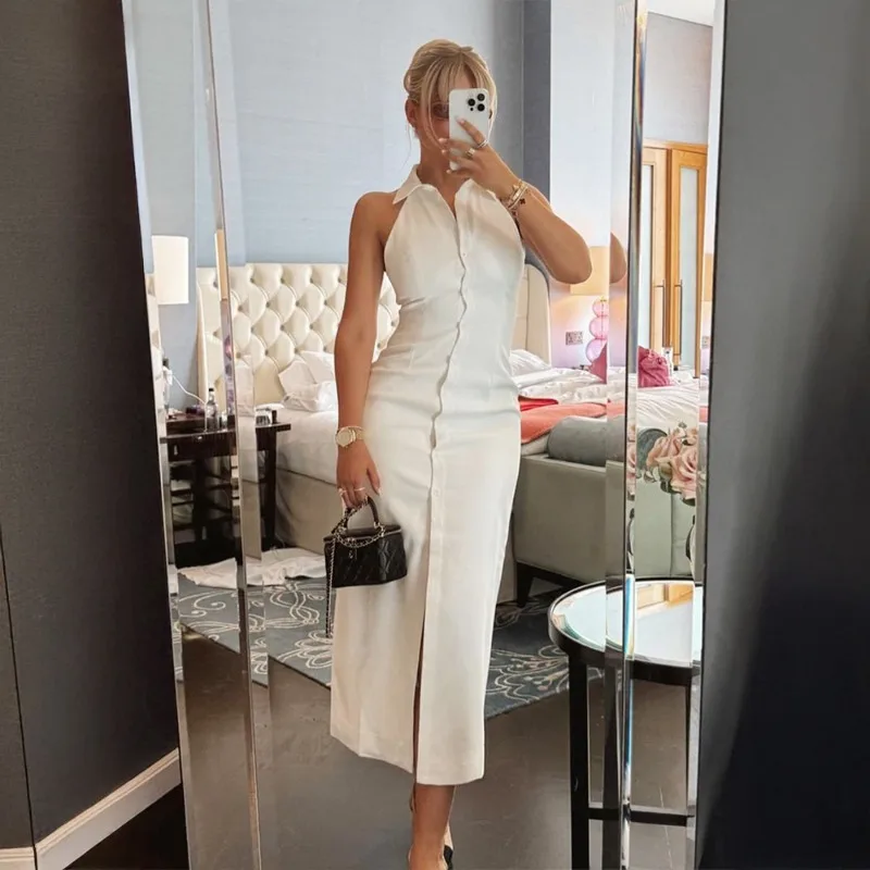 Talenza ホワイト V ネックロングドレス夏の新ラペルノースリーブシングルブレストスリットロングドレスファッション女性のパーティーイブニングドレス