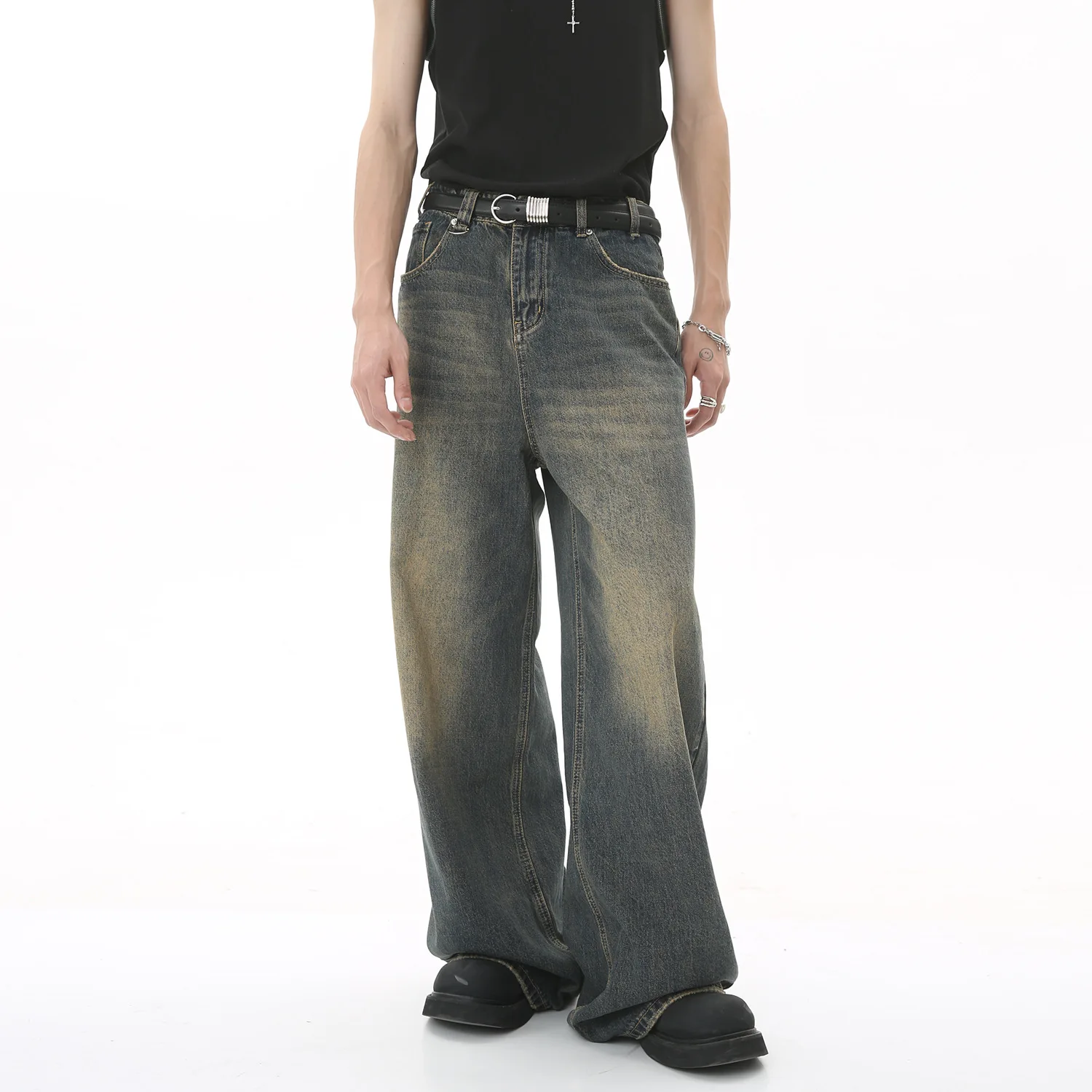 Calças Jeans Baggy de Perna Reta e Micro Wide para Homens e Mulheres, Lavagem Vintage, Soltas, Comprimento Total, Calças Jeans Casuais, Streetwear