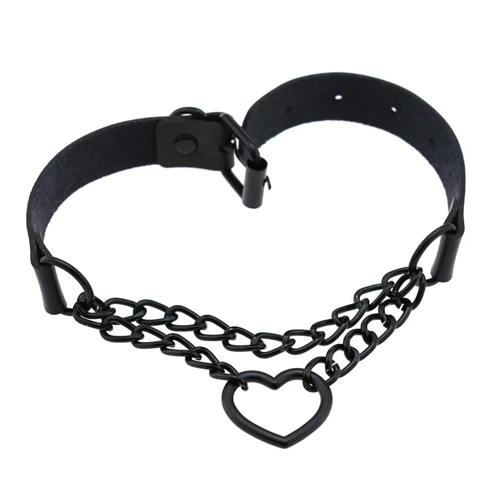 1PC Punk Rock Gothic PU Leather Necklace Heart Chains Collar Studded Choker Chain Necklace Handmade Body Jewelry Gift