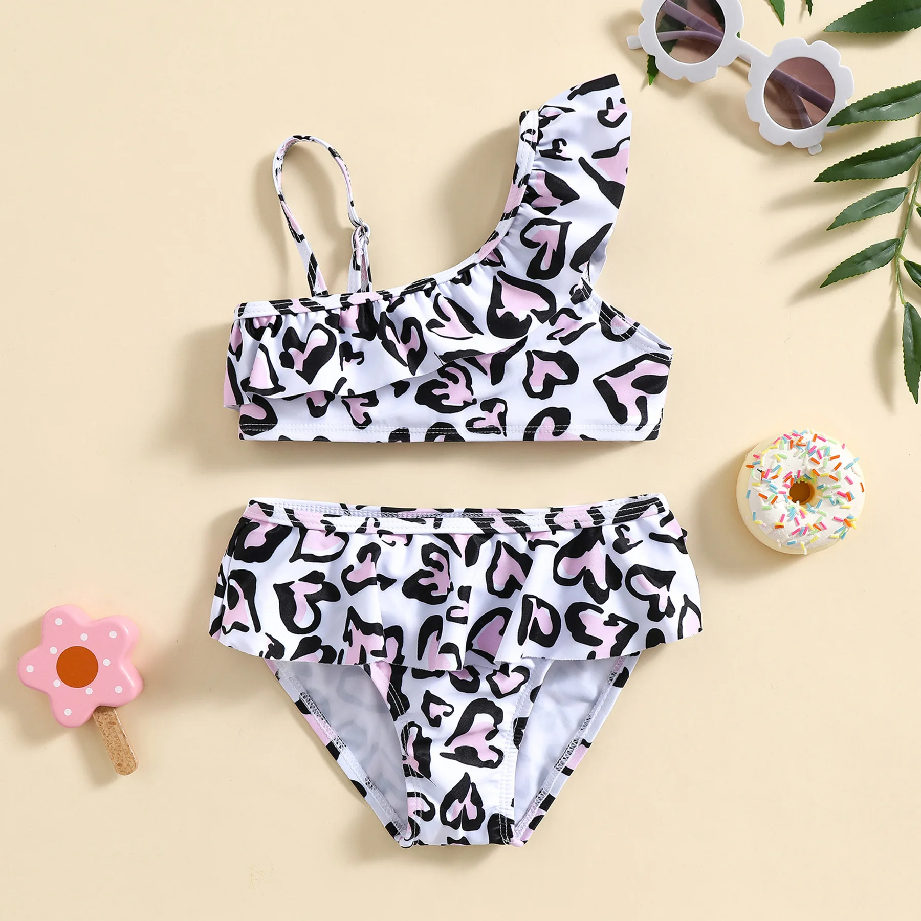 Baby two piece swimsuit with full print heart leopard pattern and ruffle one shoulder strap design,suitable for seaside travel a