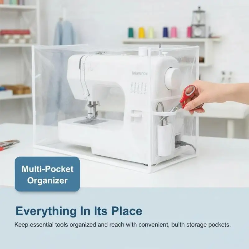 Transparent Sewing Machine Dust Cover With Storage Pockets Multifunctional Organizer Protective Sleeve Home Sewing Machine Use