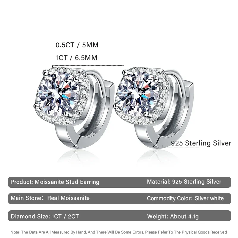 1-2ct/1 Pair Real Moissanite Square Sparkling Diamond Hoop Earrings for Women S925 Silver Plated 18K Earring Luxury Jewelry Gift